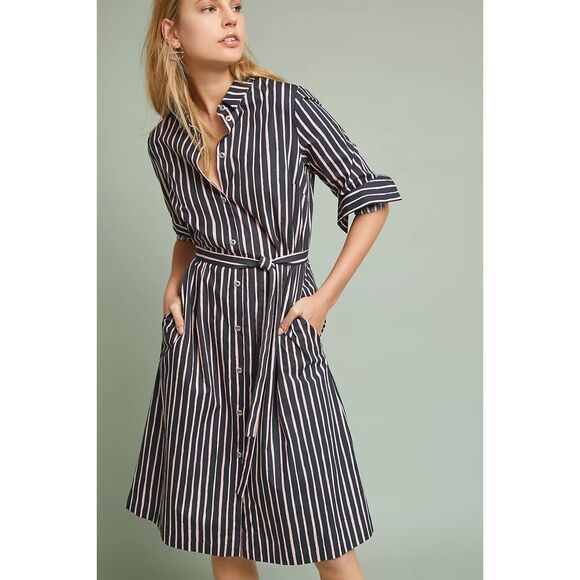 EUC Marimekko Trina Piccolo Striped Belted Shirt Dress Navy Pink Size 10 Cotton